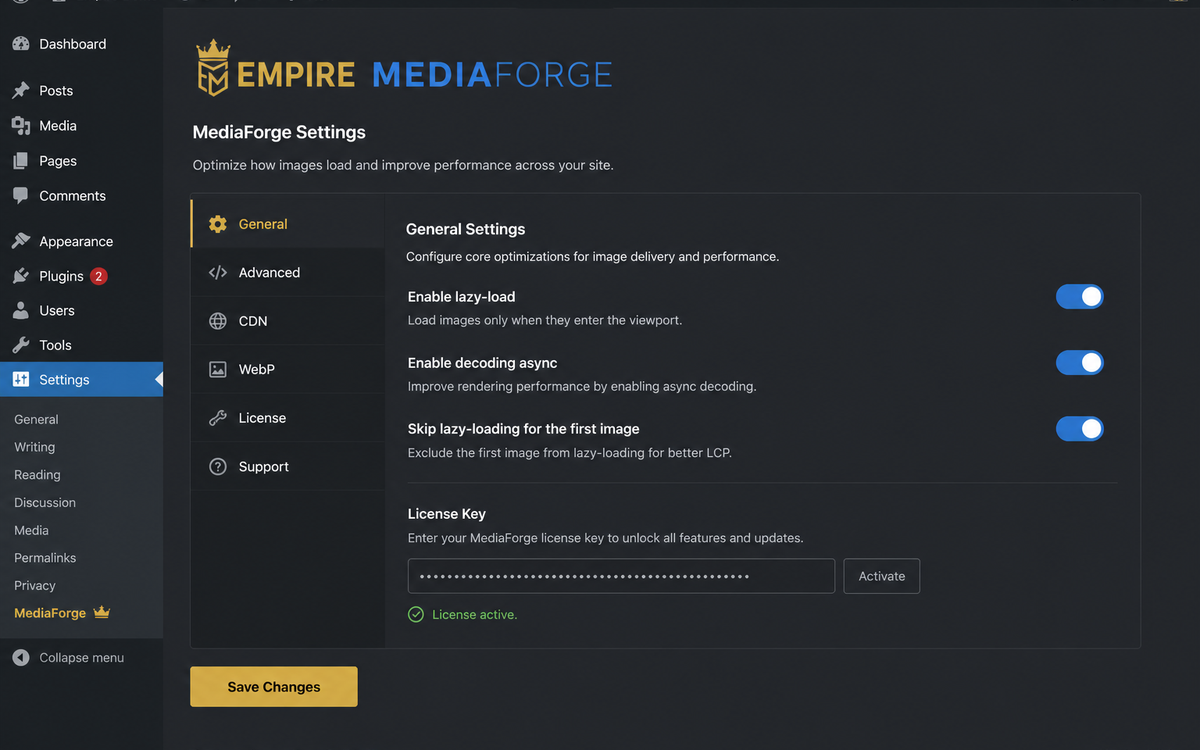 Empire MediaForge for WordPress – admin panel